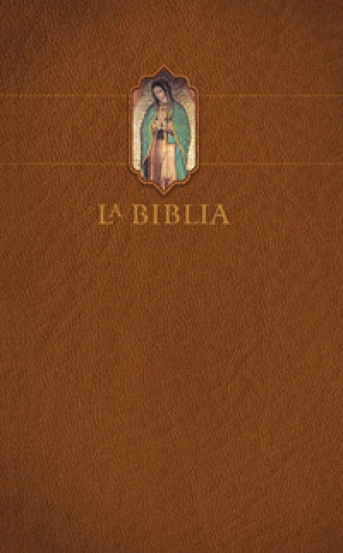 Biblia Católica letra grande, tapa dura marrón con la Virgen de Guadalupe con indice